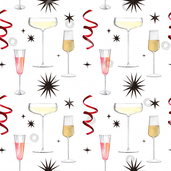 Скачать Узор для коктейлей. Модная, гламурная вечеринка. Бокалы с шампанским и звезды. Новый год, праздничная акварельная бесшовная иллюстрация. Для дизайна: текстиль, упаковка, фон и баннер. фотосток Ozero