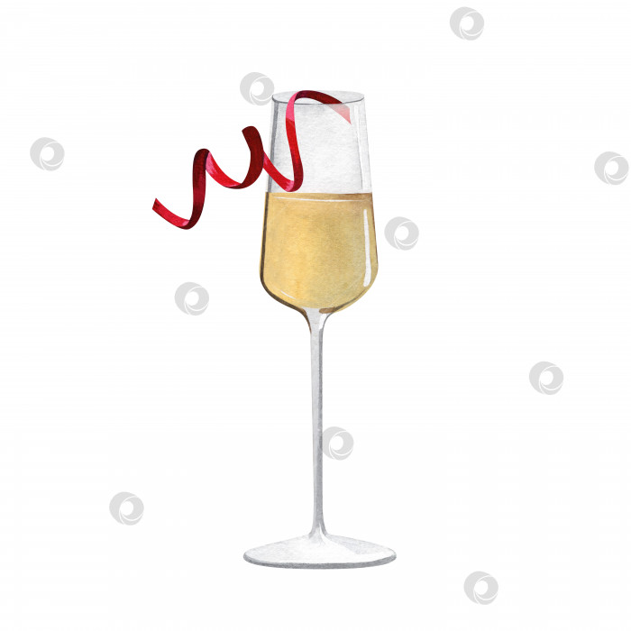 Скачать Бокал шампанского со змеевиком. Новогодний коктейль. Акварельные иллюстрации на изолированном белом фоне. фотосток Ozero