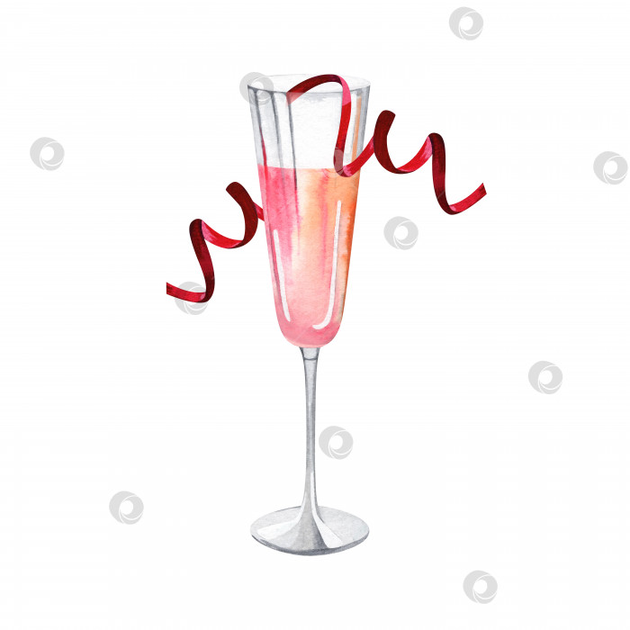 Скачать Бокал шампанского. Игристое вино с серпантином. Гламурный розовый напиток. Новогодний коктейль. Акварельные иллюстрации на изолированном белом фоне. фотосток Ozero