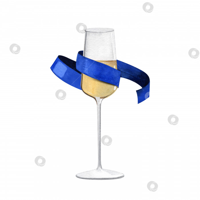 Скачать Бокал для шампанского с голубой лентой. Акварельные иллюстрации на изолированном белом фоне. фотосток Ozero