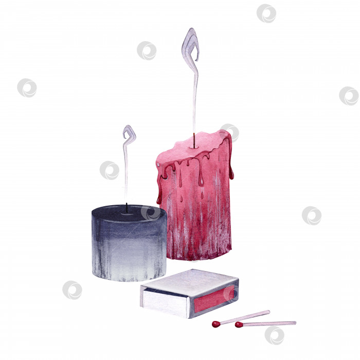 Скачать Мистический набор розовых и серых свечей с коробком спичек. Акварельная иллюстрация на изолированном белом фоне. фотосток Ozero