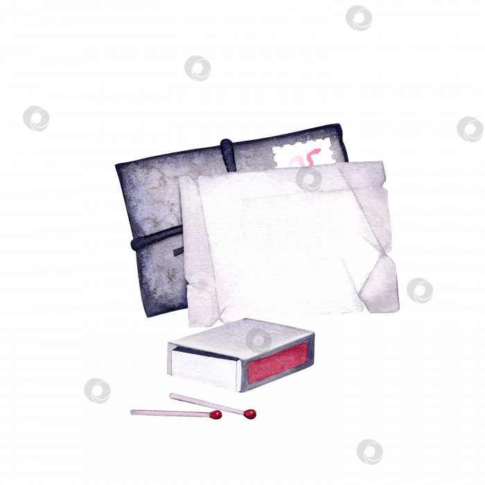Скачать Мистический набор из конверта с письмом и спичек. Акварельная иллюстрация на изолированном белом фоне. фотосток Ozero