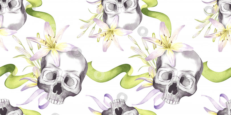 Скачать Бесшовный узор в виде человеческого черепа с белыми цветами лилии и зелеными листьями. Акварельная иллюстрация для оформления Хэллоуина фотосток Ozero