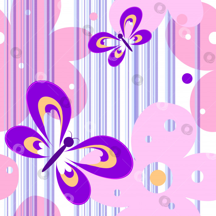 Скачать Векторный бесшовный весенний яркий симпатичный женский узор с бабочками и цветами для дизайна текстиля, обоев. Фон белый с вертикальными полосками, розово-фиолетовая расцветка фотосток Ozero