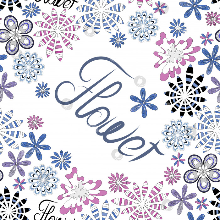 Скачать Векторный бесшовный декоративный цветочный узор со словом цветок, белый фон, креативные цветы в пастельных тонах фотосток Ozero