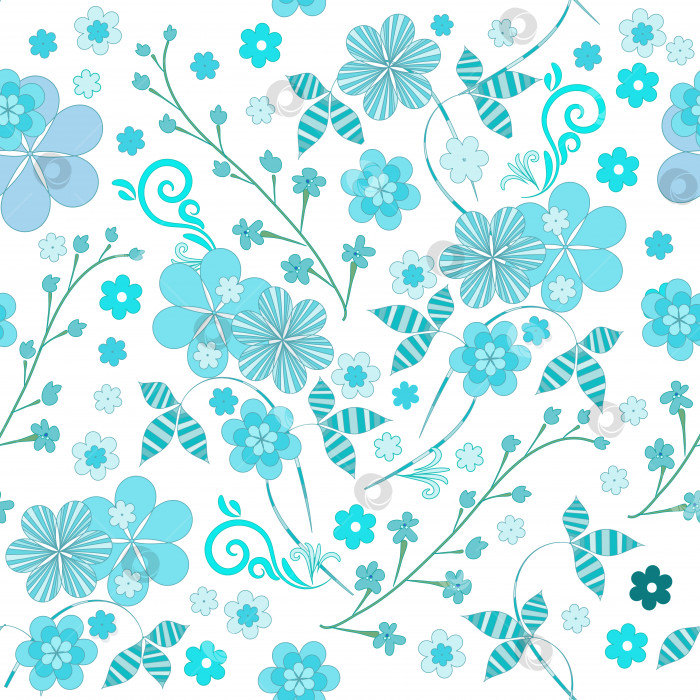 Скачать Бесшовный векторный весенний цветочный узор на белом фоне, стилизованный под однотонные полосатые светло-голубые цветы и листья. Узор для дизайнерской обертки, тканевой обертки, обоев. фотосток Ozero