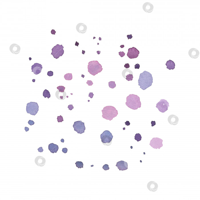 Скачать Фиолетовые капли и брызги выделяются на белом фоне. Акварельная иллюстрация, нарисованная от руки. Искусство для дизайна стиль текстура фотосток Ozero