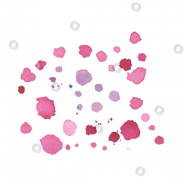 Скачать Розовые капли и брызги выделяются на белом фоне. Акварельная иллюстрация, нарисованная от руки. Искусство для дизайна стиль текстура фотосток Ozero
