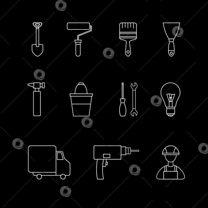 Скачать Иконки инструментов для ремонта и строительного магазина на чёрном фоне белым контуром фотосток Ozero
