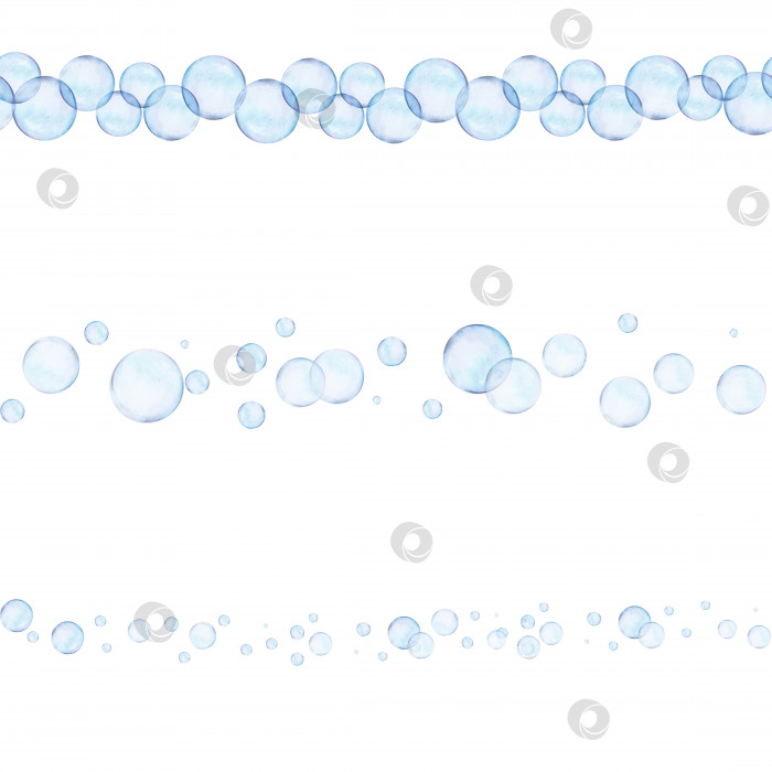 Скачать Нарисованный акварелью набор бесшовных рамок из воздушных пузырьков разного размера на белом фоне. Прозрачное реалистичное изображение для иллюстрации, наклеек, логотипа, текстильной печати фотосток Ozero