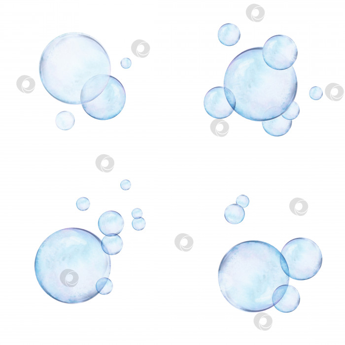 Скачать Нарисованные акварелью наборы воздушных пузырьков на белом фоне. Прозрачное реалистичное изображение для иллюстрации, наклеек, логотипа, текстильной печати фотосток Ozero