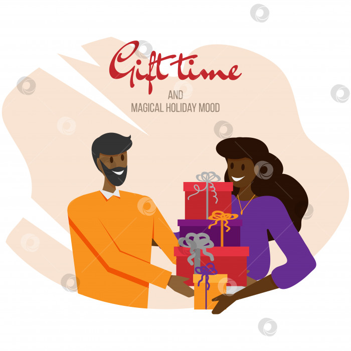 Скачать Время подарков. Афроамериканка и мужчина обмениваются подарками фотосток Ozero
