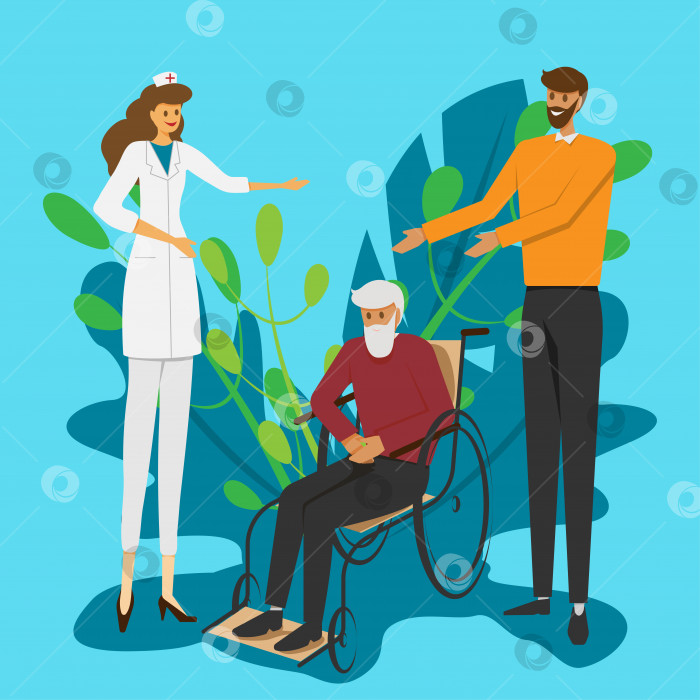 Скачать Медицинская помощь пожилым родственникам. Дедушка в инвалидном кресле. фотосток Ozero
