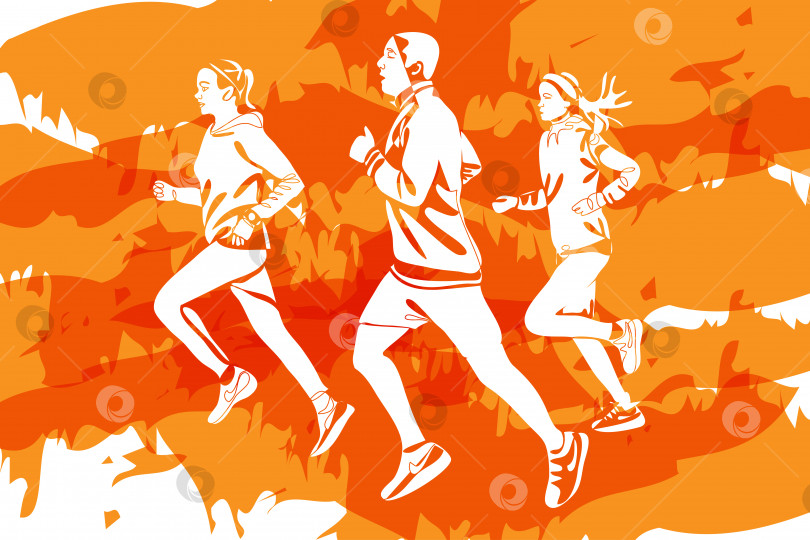 Скачать Силуэты людей, бегущих осенний марафон на оранжевом фоне фотосток Ozero
