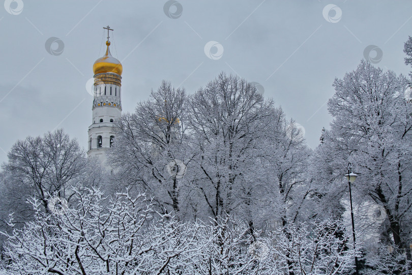 Скачать Русская церковь на фоне заснеженных деревьев фотосток Ozero