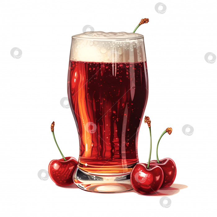 Скачать Бокал вишневого пива с ягодами вишни на белом фоне. Фруктовое пиво или вишневый крик, выделенные на белом фоне, иллюстрация к меню. Крафтовое светлое пиво, красный эль в пивном бокале. Порождающий искусственный интеллект фотосток Ozero