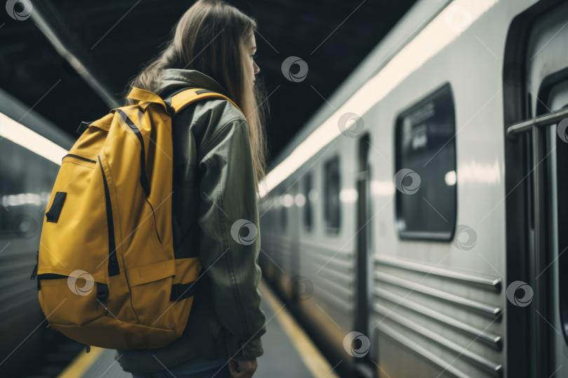 Скачать Молодая женщина с рюкзаком путешествует поездом фотосток Ozero