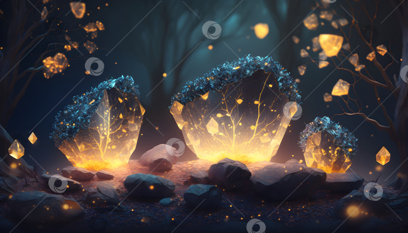 Скачать Волшебные радужные кристаллы в темном таинственном лесу фотосток Ozero