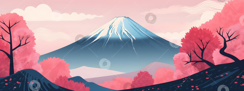 Скачать Весенний пейзаж горы Фудзи с цветущей сакурой фотосток Ozero