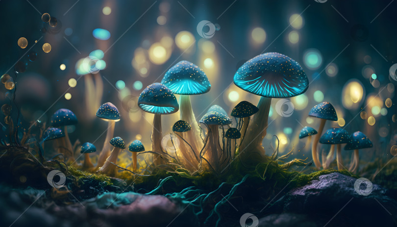 Скачать Волшебные грибы в темном таинственном лесу фотосток Ozero