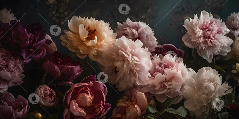 Скачать Темный угрюмый цветочный фон с цветами пиона на стене фотосток Ozero