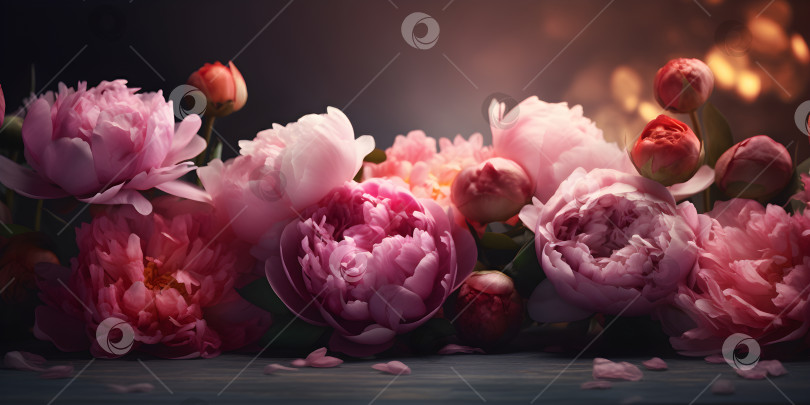 Скачать Распускающиеся розовые цветы пиона широкий длинный баннер фотосток Ozero
