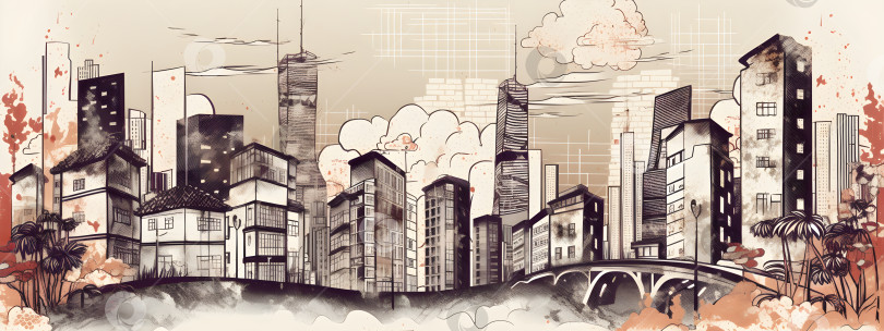 Скачать Горизонт азиатского города с иллюстрацией небоскребов фотосток Ozero