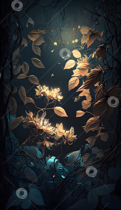 Скачать Волшебные радужные цветы в темном таинственном лесу фотосток Ozero