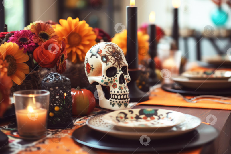 Скачать Сервировка стола на Хэллоуин с тыквами и черепами фотосток Ozero