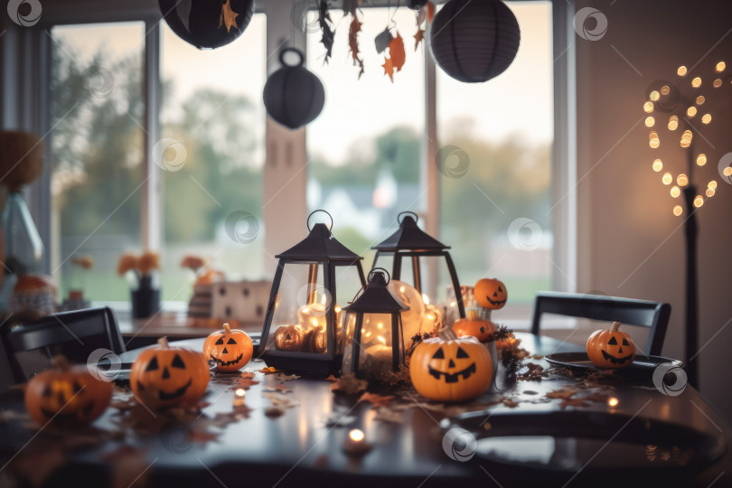 Скачать Сервировка стола на Хэллоуин с тыквами и черепами фотосток Ozero