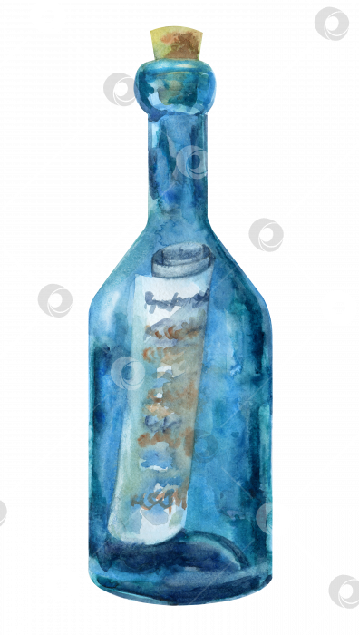 Скачать Синяя стеклянная бутылка с надписью внутри, с пробкой, раскрашенная вручную акварелью. изолированный. PNG фотосток Ozero