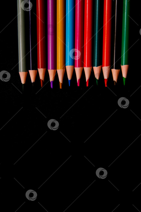 Скачать Цветные карандаши лежат в ряд на черном фоне. Школьные принадлежности. Офисные принадлежности. фотосток Ozero