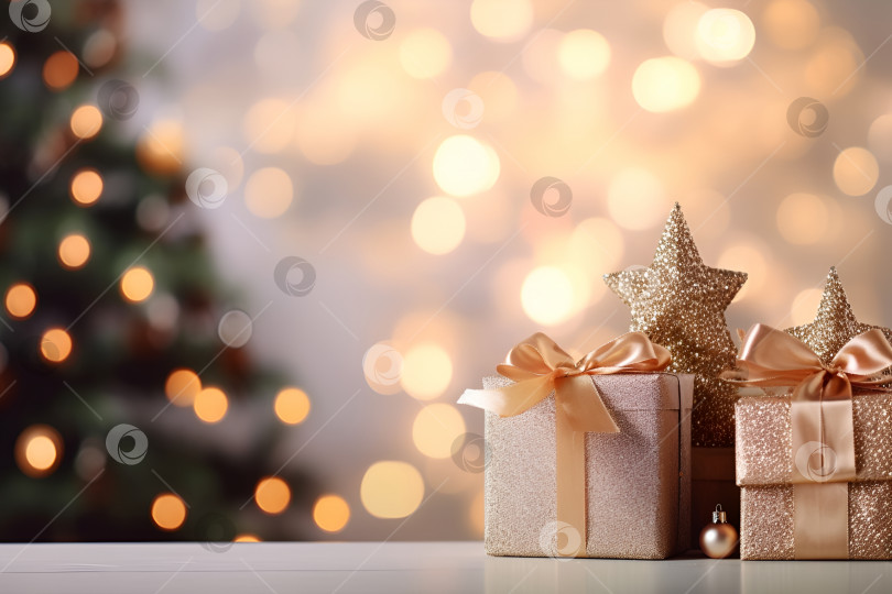 Скачать Фон Рождества и Нового года. Блестящие подарочные коробки и звезды возле украшенной рождественской елки на размытой белой стене с подсветкой, копирующее пространство. Счастливого нового года, веселого празднования Рождества. Порождающий искусственный интеллект фотосток Ozero