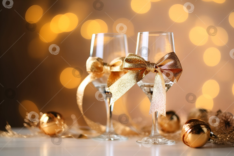 Скачать Изящные бокалы для шампанского, перевязанные золотой лентой на фоне праздничных огней. Новогодний фон. Два бокала на столе с рождественскими шарами перед приглушенными огнями. Концепция Нового года. Порождающий искусственный интеллект фотосток Ozero