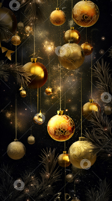 Скачать Фон для рождественских шаров. Рождественское украшение на абстрактном темном фоне. Стильная новогодняя вертикальная иллюстрация с золотыми безделушками. Порождающий искусственный интеллект фотосток Ozero