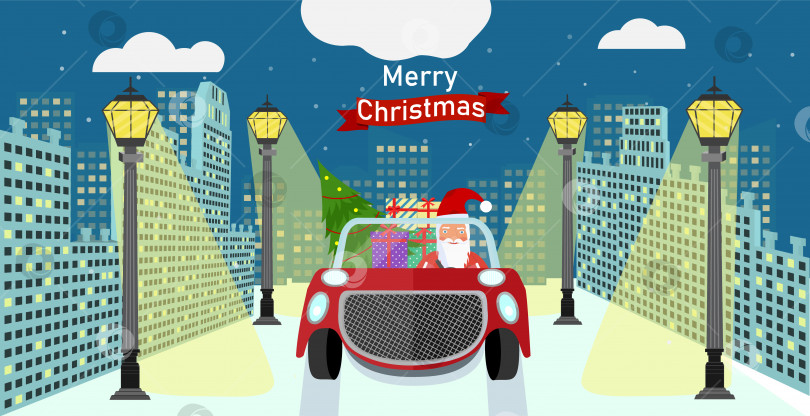 Скачать Санта Клаус в городе на машине с подарками и рождественской елкой едет по дороге ночью фотосток Ozero