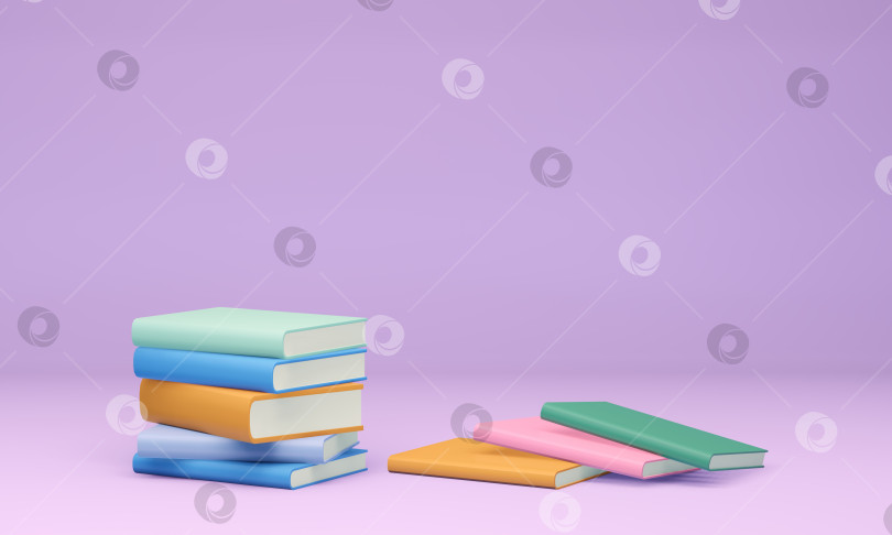 Скачать стопка красочных книг на фиолетовом фоне, 3d рендеринг фотосток Ozero