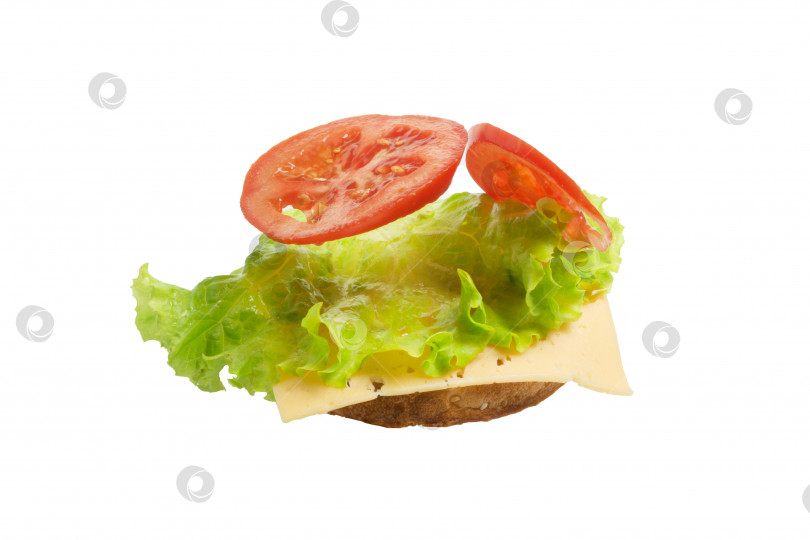 Скачать Летающий разобранный бутерброд, приготовленный из ломтиков хлеба, помидоров, сыра на белом фоне. Левитация простого бутерброда. Изолированный фотосток Ozero