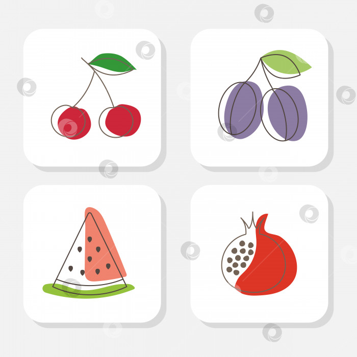 Скачать Линейные иконки ягод и фруктов, вишня, слива, арбуз, гранат фотосток Ozero
