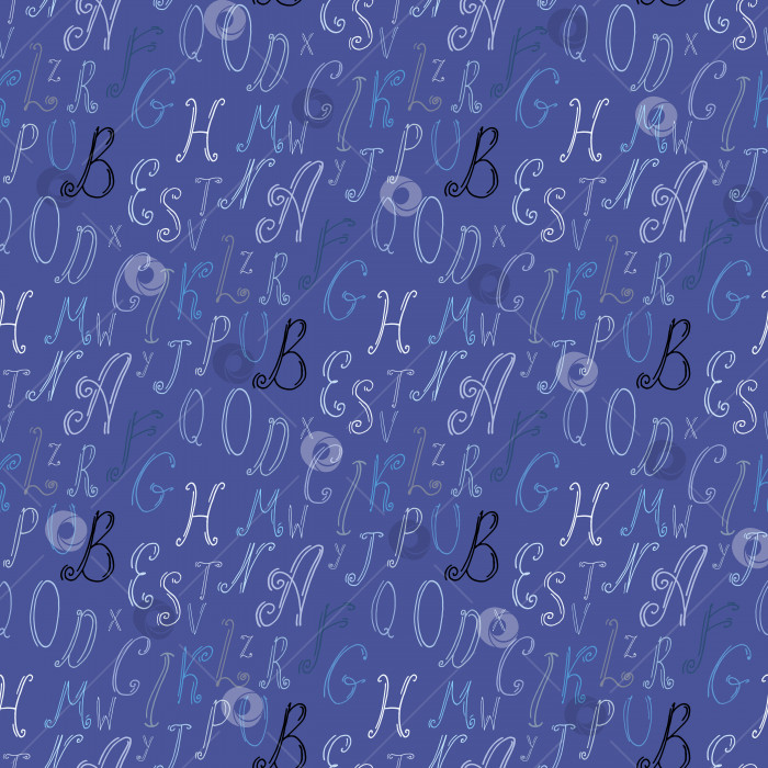 Скачать Бесшовный узор с синими, белыми и черными буквами английского алфавита на темно-синем фоне для ткани, текстиля, одежды, одеяла и других вещей. Векторное изображение. фотосток Ozero