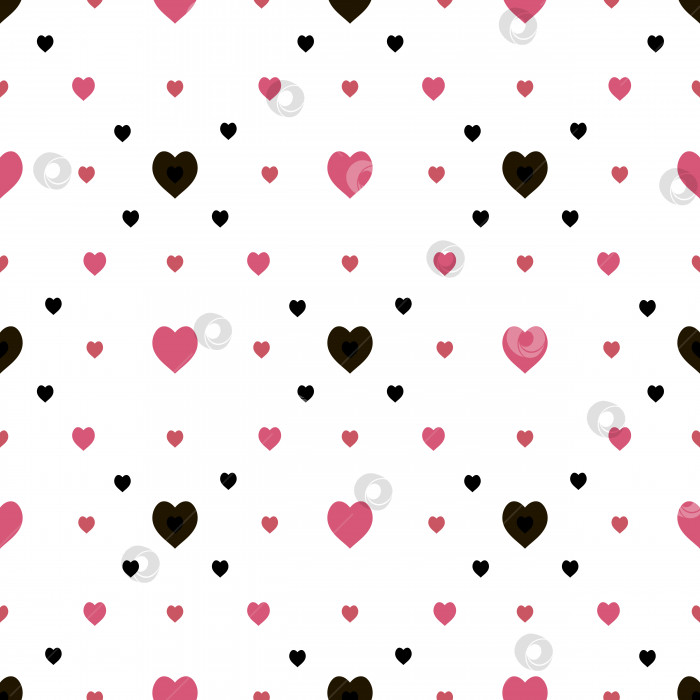 Скачать Бесшовный узор в виде стильных креативных черных и розовых сердечек на белом фоне для ткани, текстиля, одежды, скатерти и других вещей. Векторное изображение. фотосток Ozero