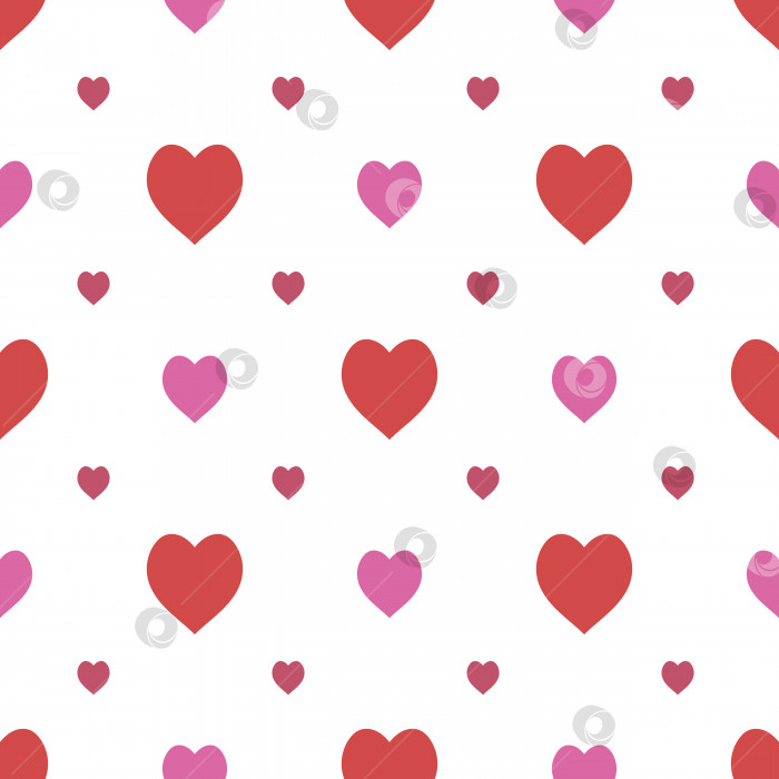 Скачать Бесшовный узор в виде стильных красных и ярко-розовых сердечек на белом фоне для ткани, текстиля, одежды, скатерти и других вещей. Векторное изображение. фотосток Ozero