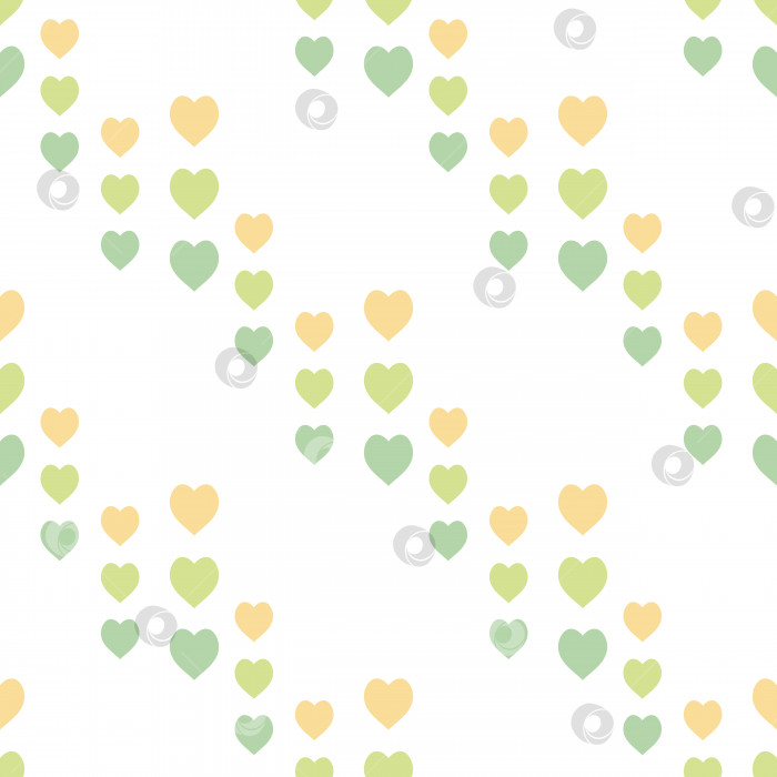 Скачать Бесшовный узор с милыми желтыми и зелеными сердечками на белом фоне. Векторное изображение. фотосток Ozero