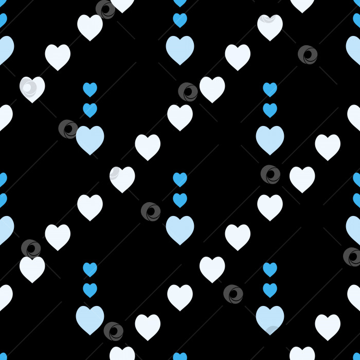 Скачать Бесшовный узор с изысканными синими и белыми сердечками на черном фоне для пледа, ткани, текстиля, одежды, скатерти и других вещей. Векторное изображение. фотосток Ozero