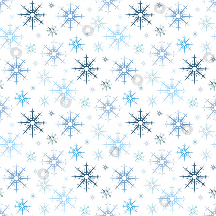 Скачать Бесшовный узор со светло- и темно-синими снежинками на белом фоне. Векторное изображение. фотосток Ozero