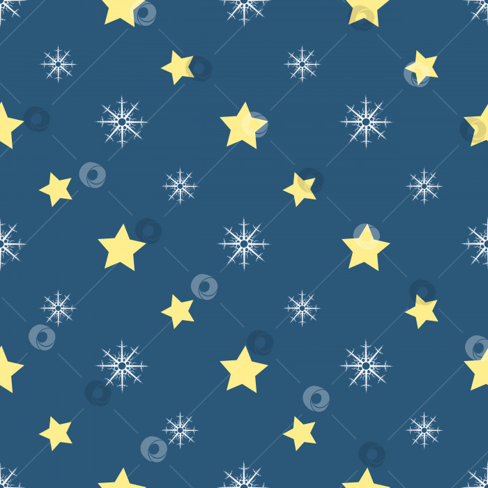 Скачать Бесшовный узор с белыми снежинками и желтыми звездами на темно-синем фоне. Векторное изображение. фотосток Ozero