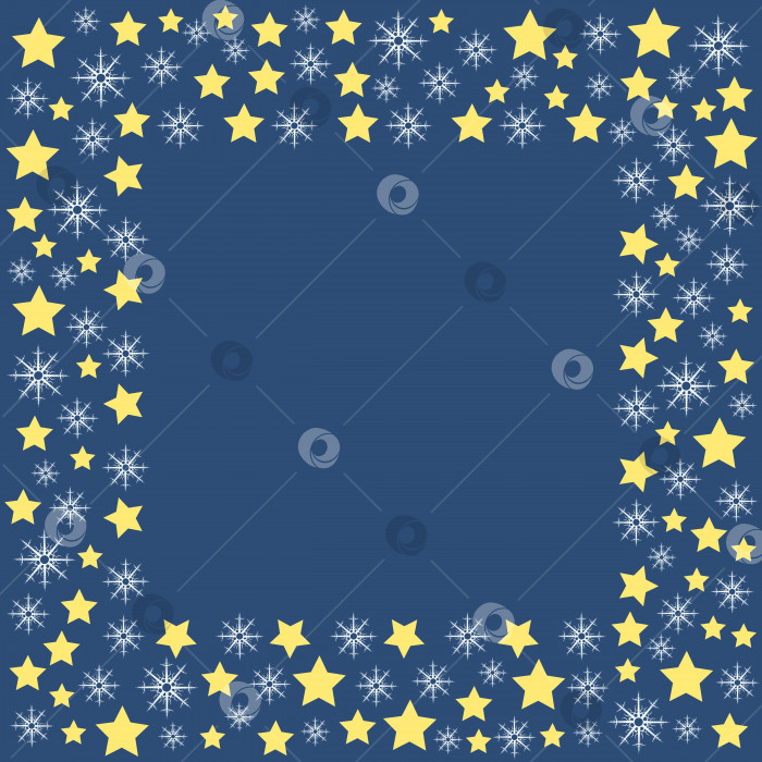 Скачать Квадратная рамка с белыми снежинками и желтыми звездами на темно-синем фоне. Векторное изображение. фотосток Ozero