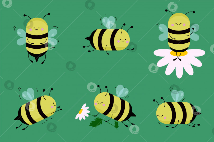 Скачать Набор милых пчел в мультяшном стиле в разных позах фотосток Ozero