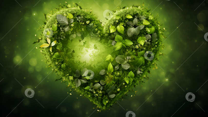 Скачать Зеленое сердце из листьев - символ земной любви и здоровой окружающей среды. Концепция "зеленой жизни". Текстура листьев в форме сердца на голубовато-зеленом фоне. Баннер дня Земли. Порождающий искусственный интеллект фотосток Ozero