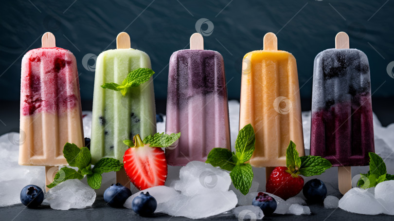 Скачать Ассортимент фруктового мороженого с фруктами, ягодами и льдом, вид спереди. Летний десерт, замороженный фруктовый сок. Красочное фруктовое мороженое со свежими фруктами и мятой на темном фоне. Порождающий искусственный интеллект фотосток Ozero